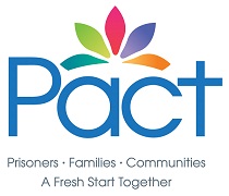 The Pact logo is made up of a range of coloured petals running across the top of the word 'Pact', in bright blue. The tagline reads, Prisoners, Families, Communities, A Fresh Start Together.