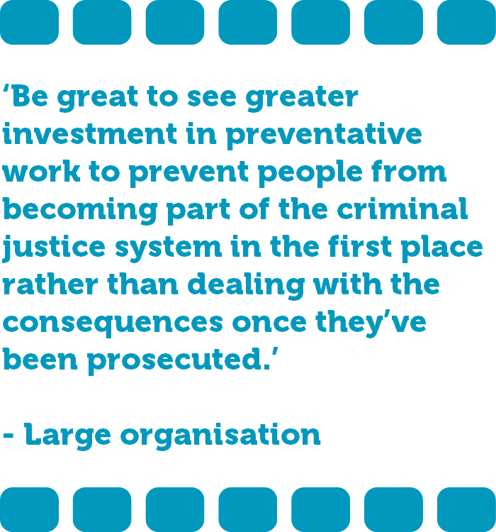 ‘Be great to see greater investment in preventative work to prevent people from becoming part of the criminal justice system in the first place rather than dealing with the consequences once they’ve been prosecuted.’ - Large organisation  