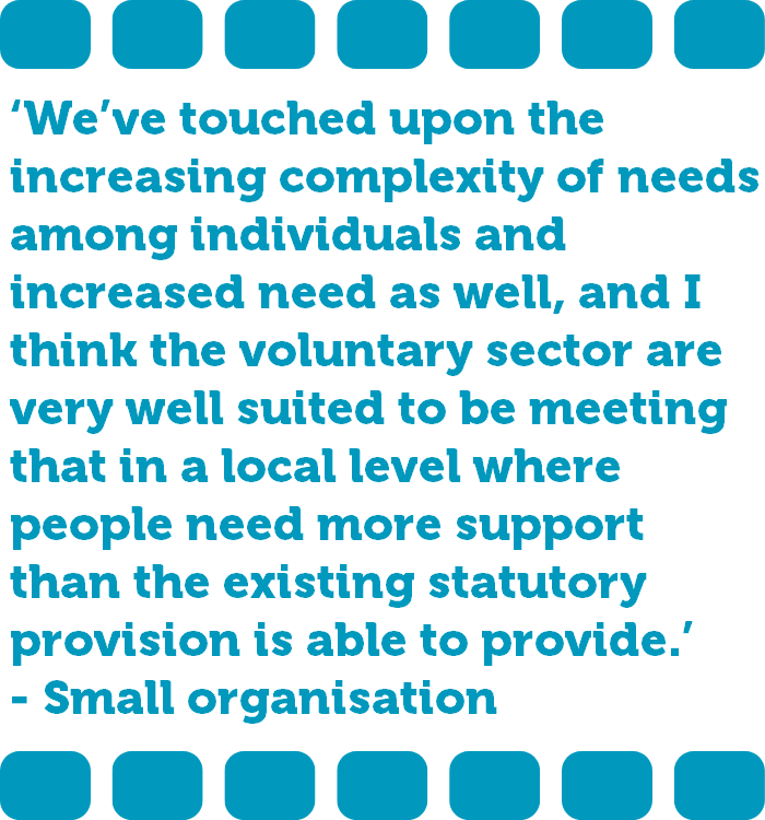 ‘We’ve touched upon the increasing complexity of needs among individuals and increased need as well, and I think the voluntary sector are very well suited to be meeting that in a local level where people need more support than the existing statutory provision is able to provide.’ - Small organisation  