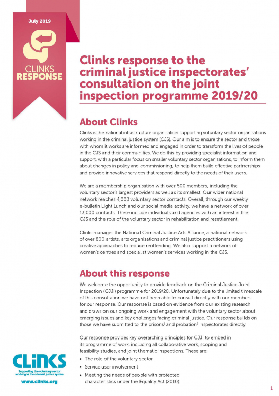 Clinks response to the criminal justice inspectorates’ consultation on the joint inspection programme 2019/20