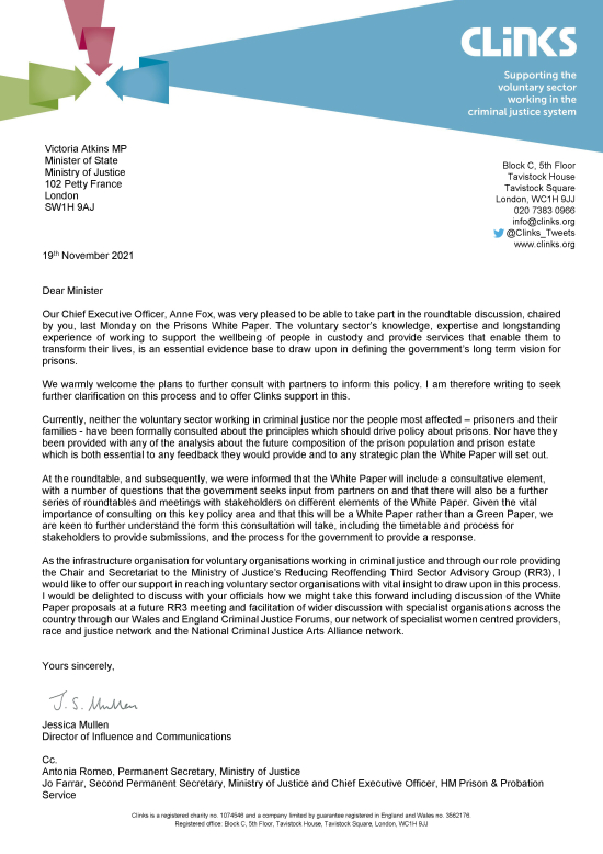 Letter to Minister Victoria Atkins: Prisons White Paper