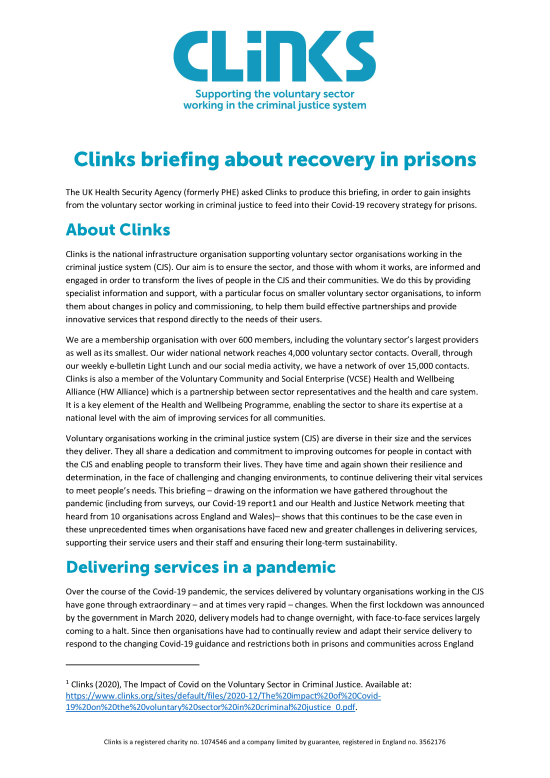 Clinks briefing about recovery in prisons