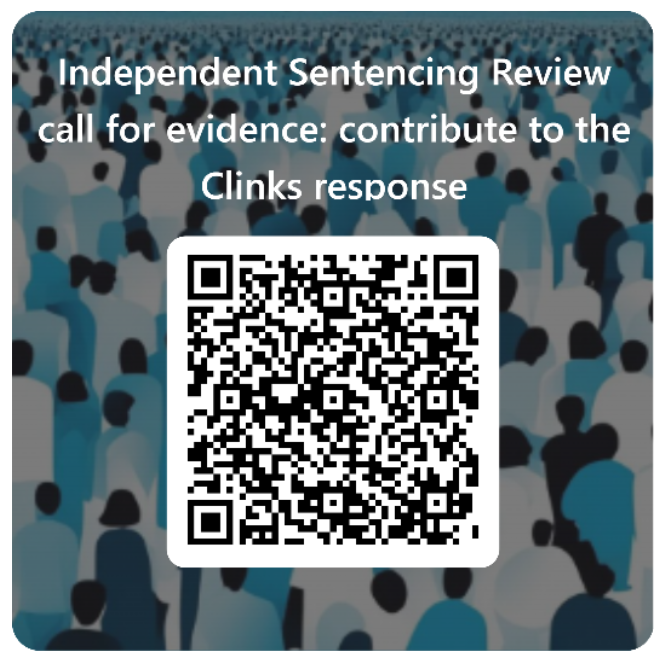 QR code over a blue toned illustrated mage of a crowd