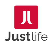Justlife logo in red and black