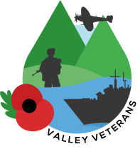 Logo depicts the 3 Armed Services (soldier, warship, fighter plane) with a poppy for Remembrance and valleys mountains to highlight our location