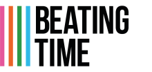 Four brightly coloured vertical stripes and "Beating Time" logo in bold black caps
