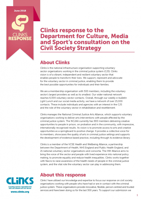 Clinks response to the Department for Culture, Media and Sport’s consultation on the Civil Society Strategy