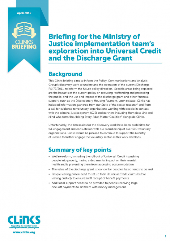 Briefing for the Ministry of Justice implementation team’s exploration into Universal Credit and the Discharge Grant - cover image