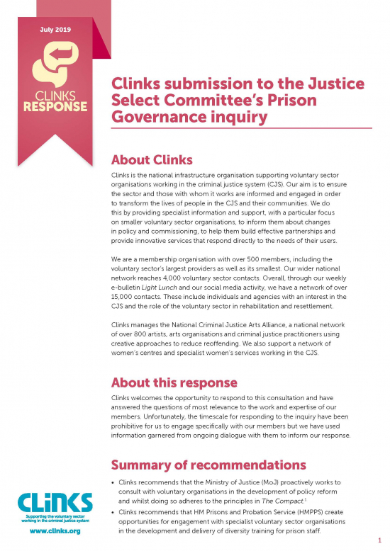 Clinks Response: Prison governance