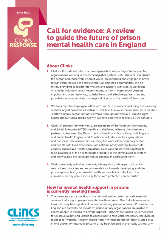 Clinks response: the future of mental health care in prison