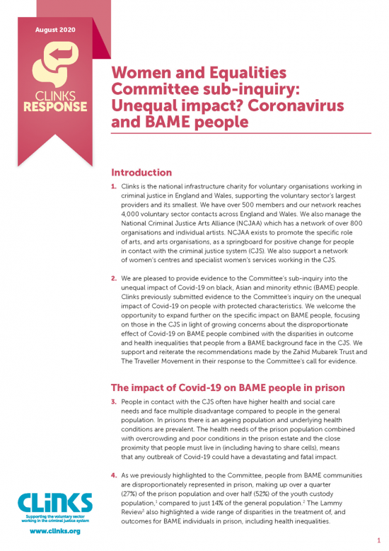 Clinks response: Unequal impact? Coronavirus and BAME people