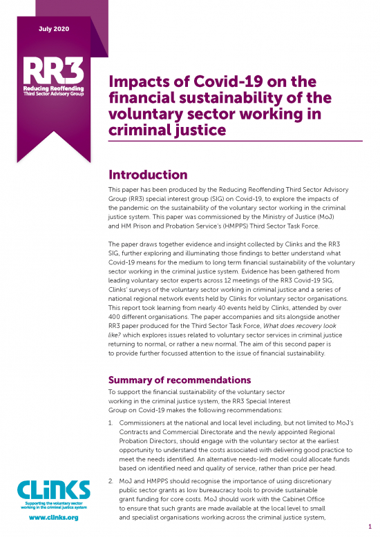Impacts of Covid-19 on the financial sustainability of the voluntary sector working in criminal justice - cover image