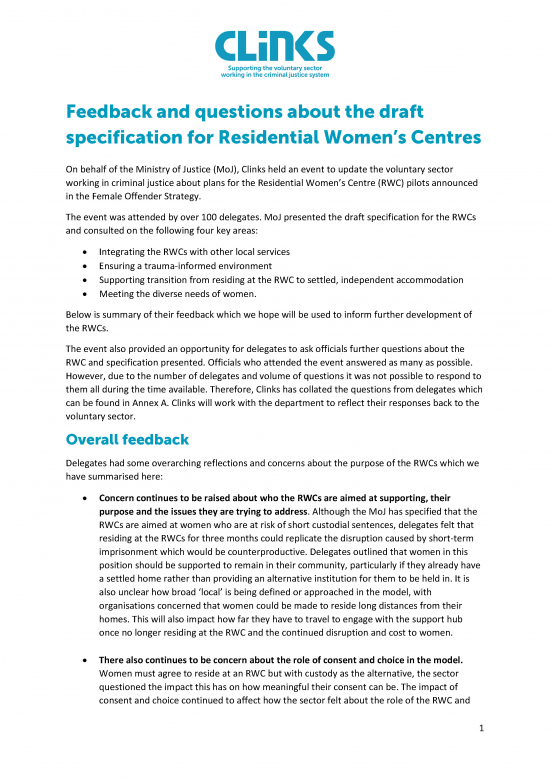 Feedback and questions about the draft specification for Residential Women’s Centres