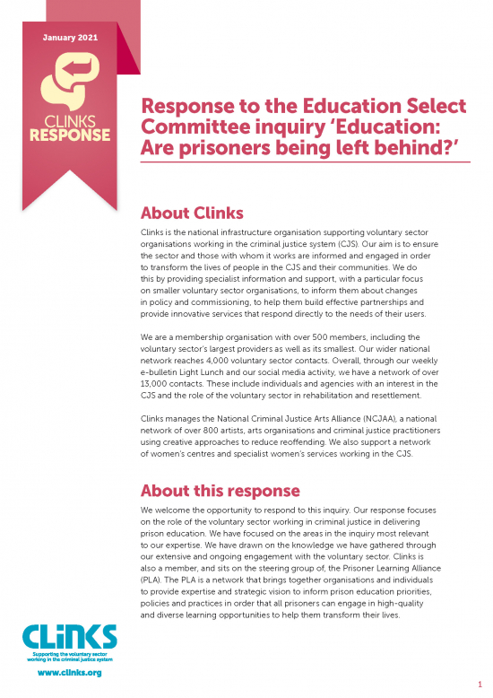 Response to the Education Select Committee inquiry 'Education: Are prisoners being left behind?'