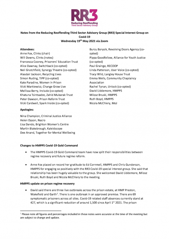 Notes from the Reducing Reoffending Third Sector Advisory Group (RR3) Special Interest Group on Covid-19