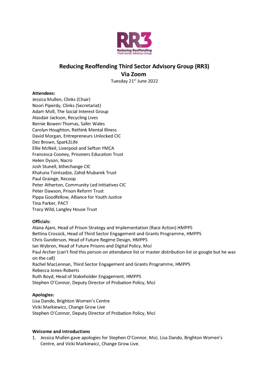 Quarterly meeting notes from the Reducing Reoffending Third Sector Advisory Group (RR3)