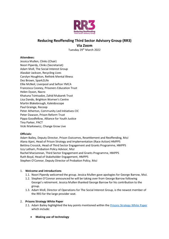 Quarterly meeting notes from the Reducing Reoffending Third Sector Advisory Group (RR3)
