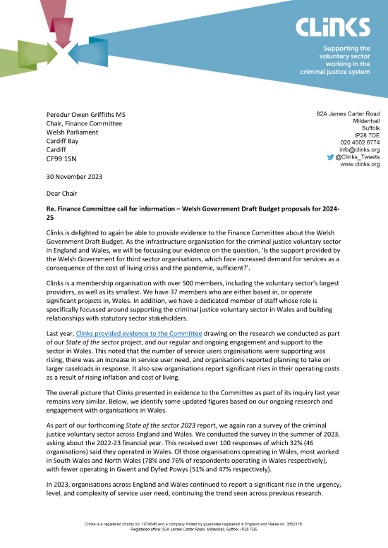 Letter to the Welsh Parliament Finance Committee cover 