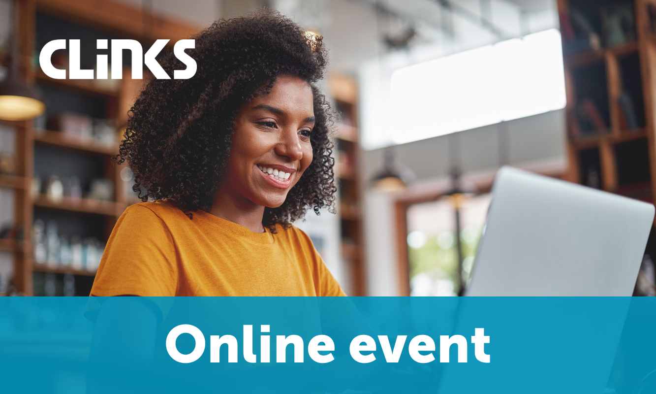 Online event Clinks woman sat smiling at her laptop