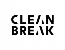 Clean Break's logo is the words Clean Break in capital letters, black text on a white background, with Clean above Break